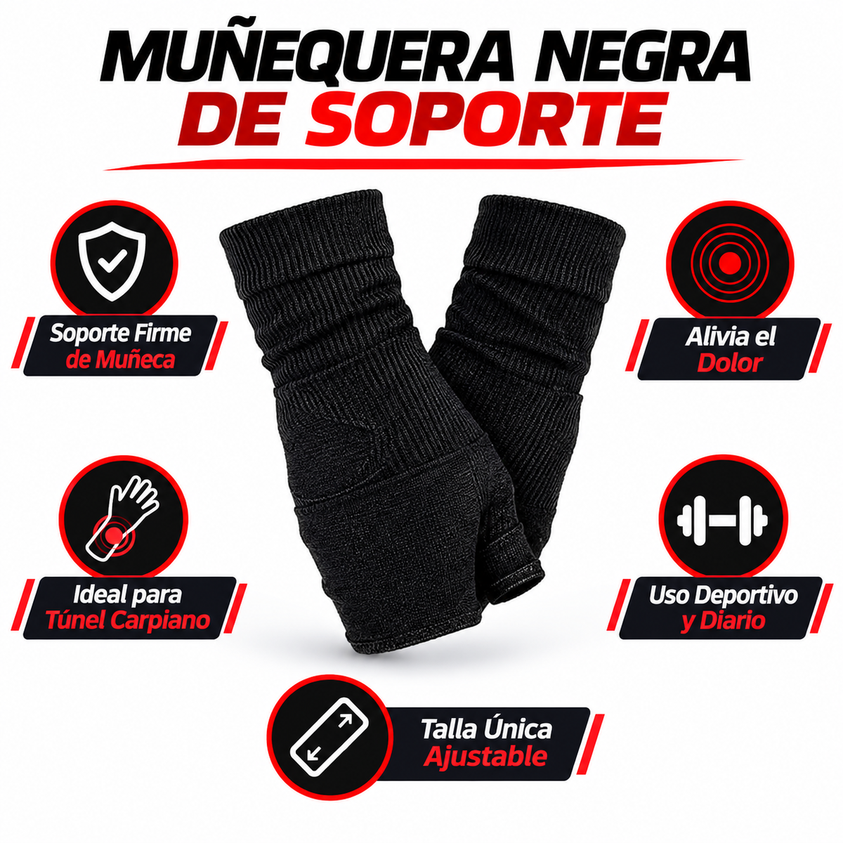 Muñequipera Negra 2660 - Infográfico negro rojo soporte muñeca túnel carpiano