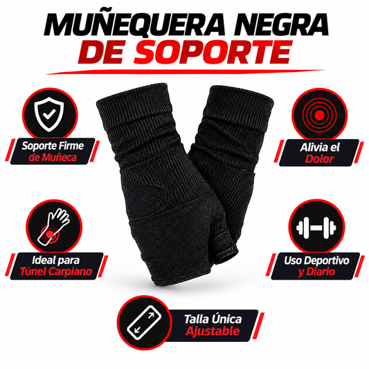 Muñequipera Negra 2660 - Infográfico negro rojo soporte muñeca túnel carpiano