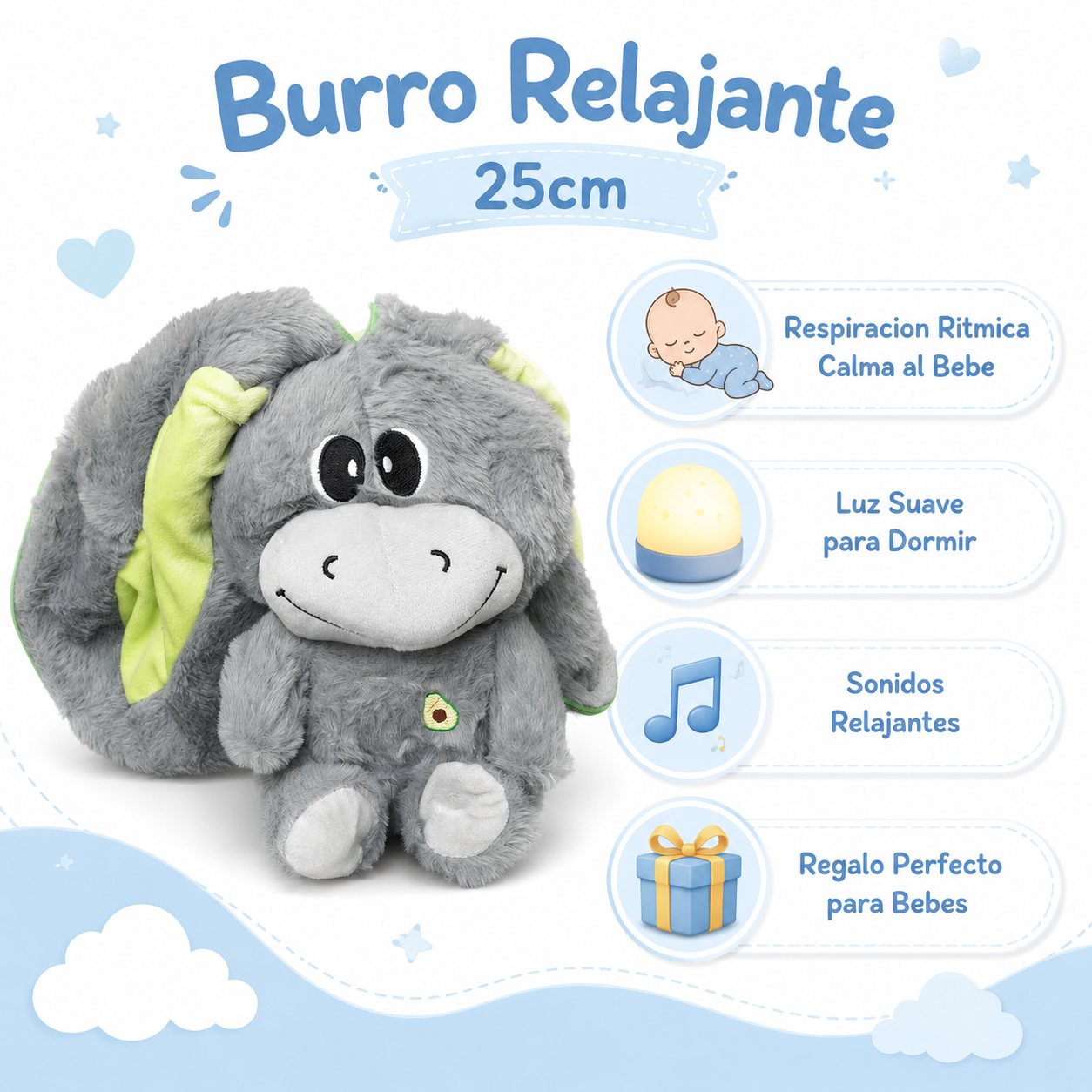 Peluche Burro Relajante 25cm - Infografico Respiracion Luz Sonidos Ecuador