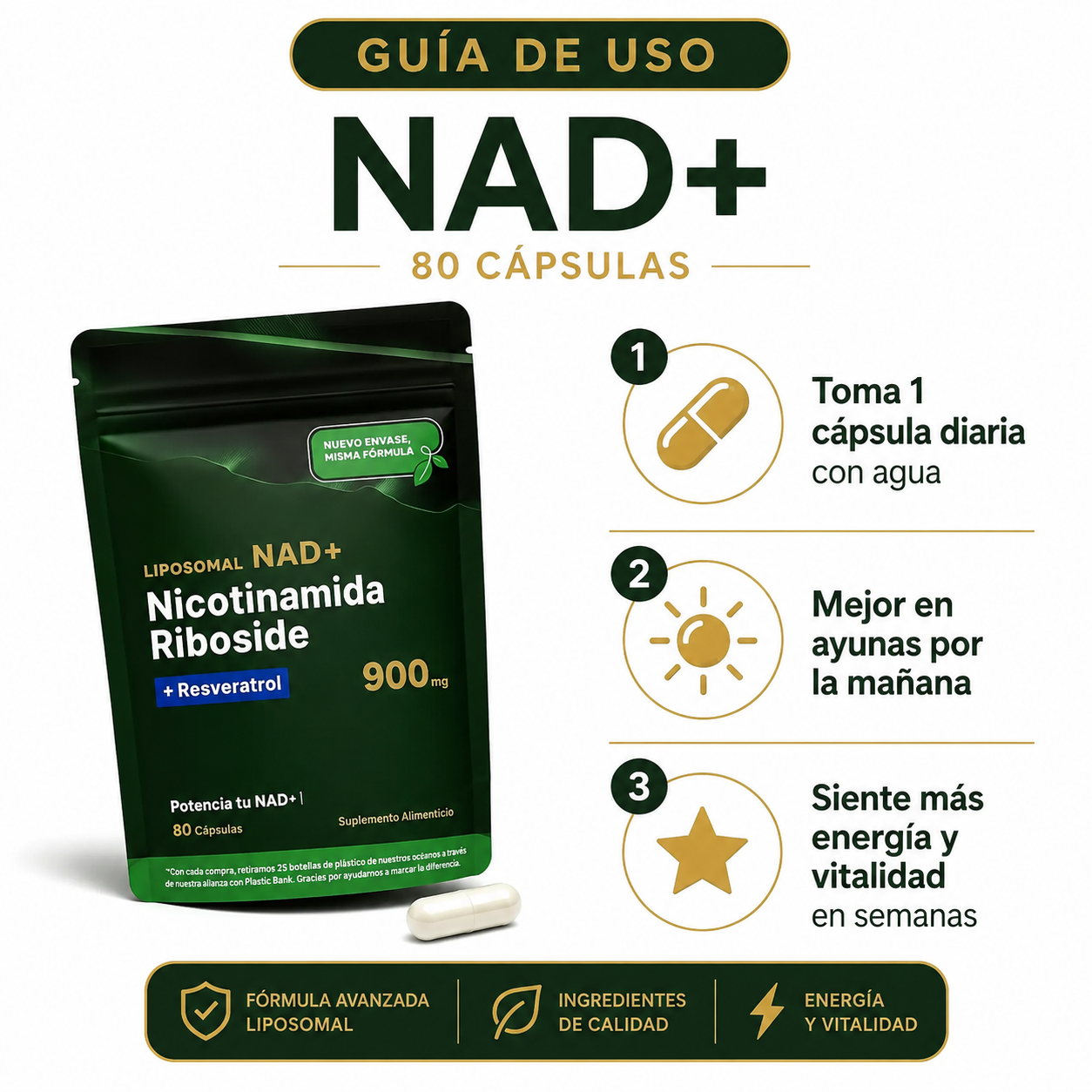 NAD+ 80 Capsulas - Guia de Uso 3 Pasos Ecuador