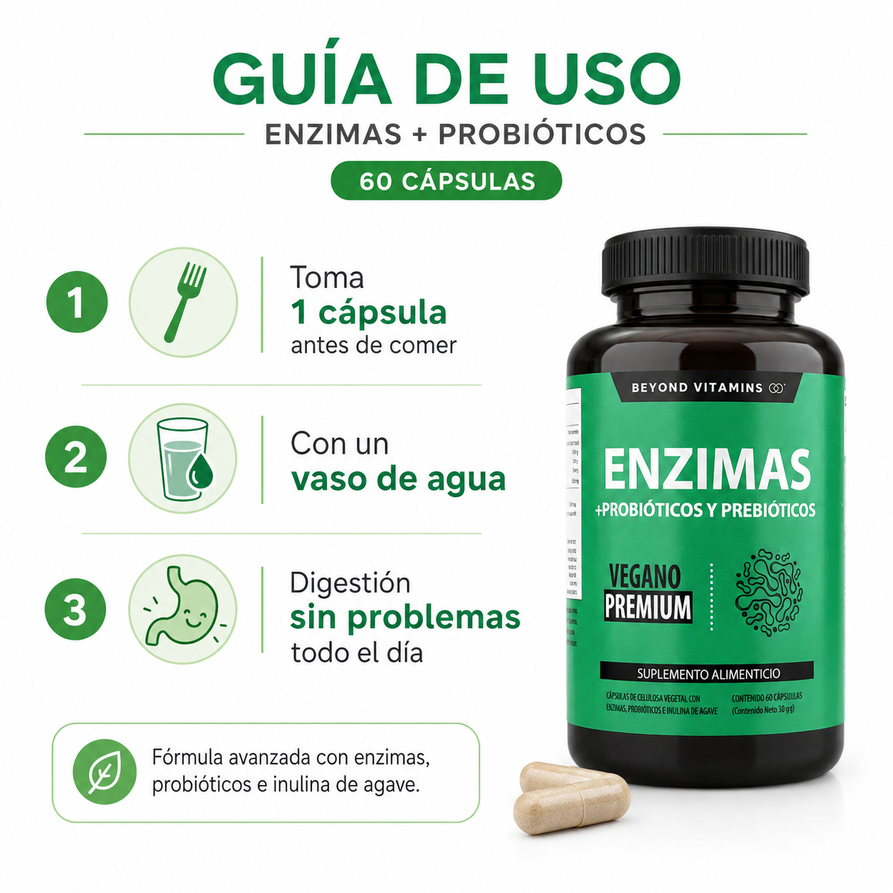 Enzimas Probioticos 60 Capsulas - Guia de Uso Antes de Comer Ecuador