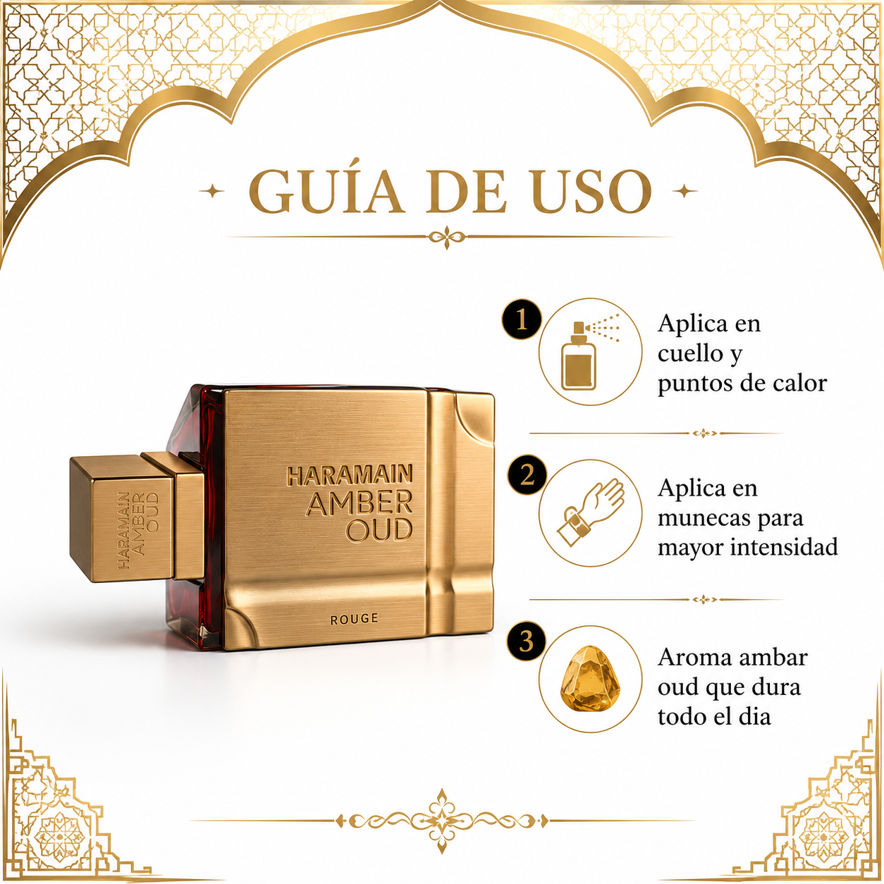 Haramain Amber Oud - Guia de Uso 3 Pasos Ecuador