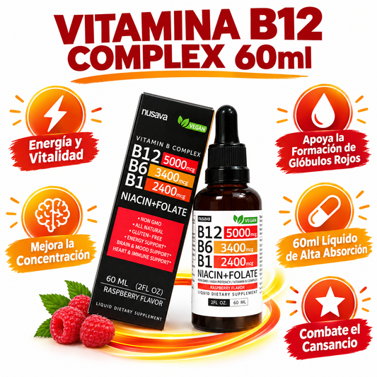 Vitamina B12 Complex 60ml - Infográfico rojo naranja energía vitalidad