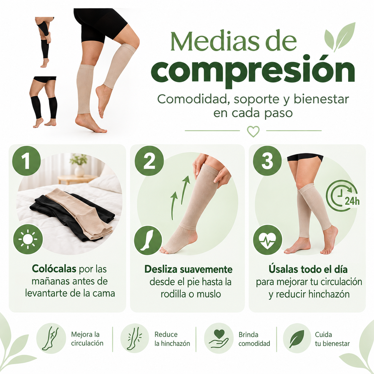 Medias de Compresión 2655 - Guía de uso 3 pasos circulación piernas