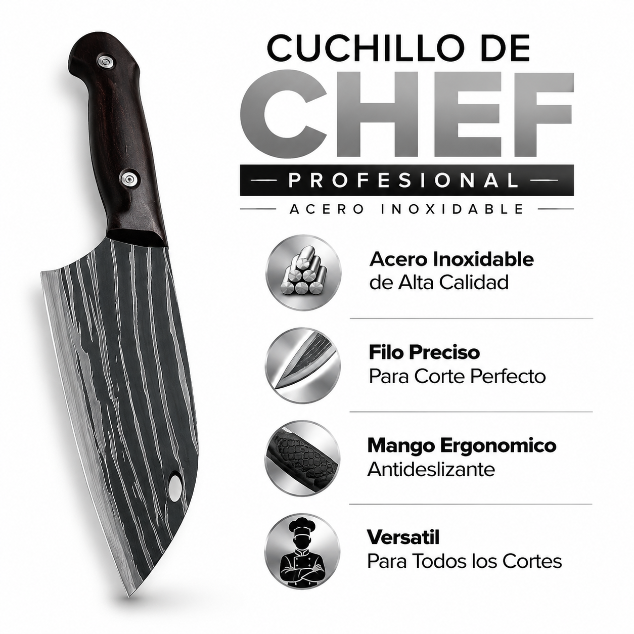 Cuchillo Chef Profesional - Infografico Acero Inoxidable Filo Preciso Ecuador