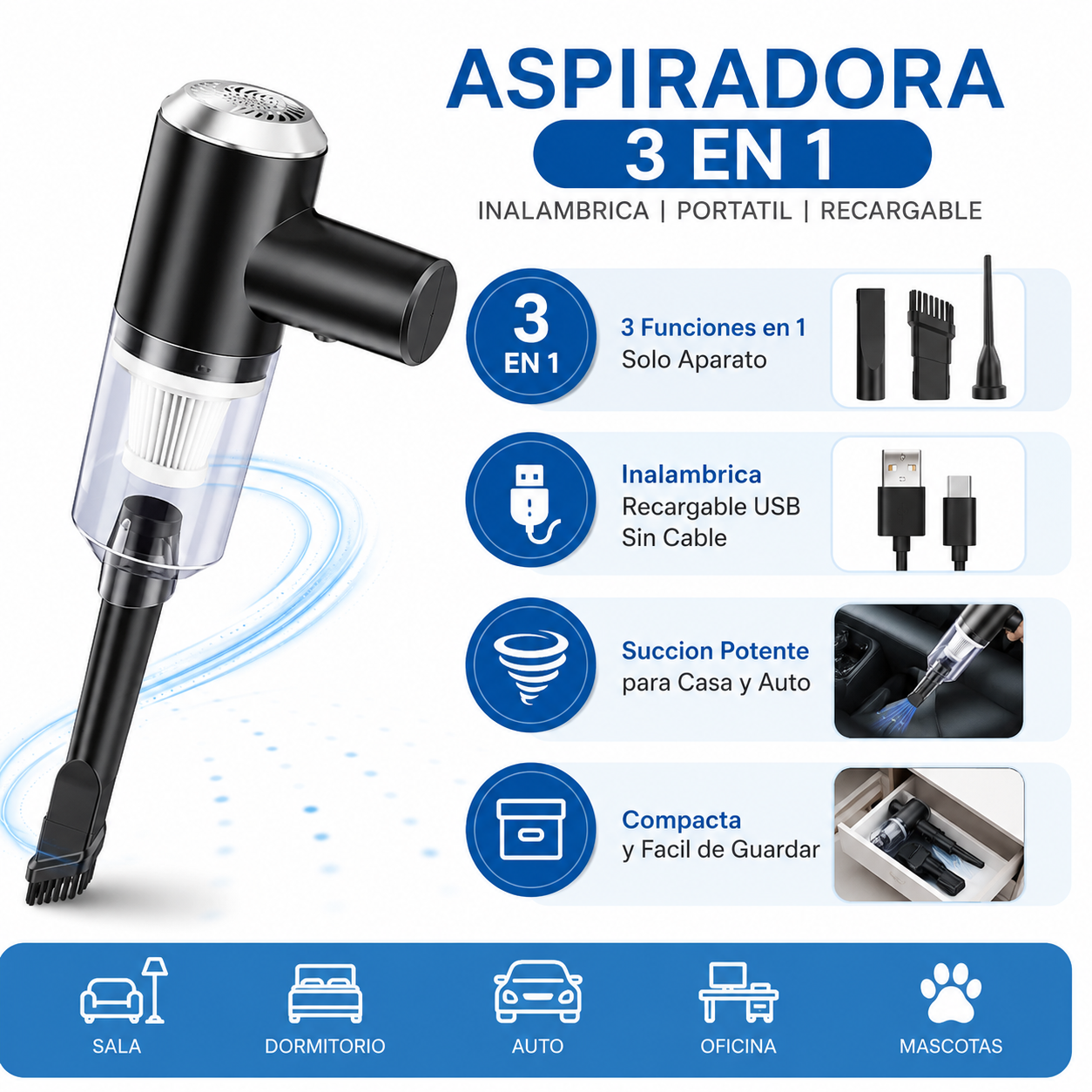 Aspiradora 3 en 1 - Infografico 3 Funciones USB Succion Potente Ecuador