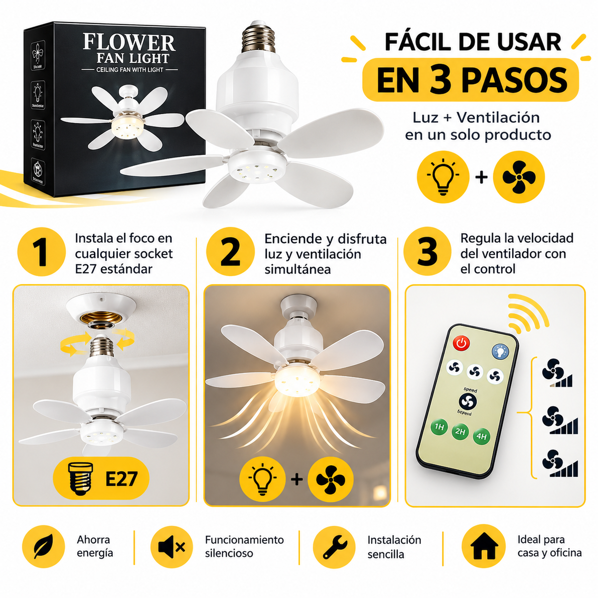 Foco con Ventilador - Guía de uso 3 pasos