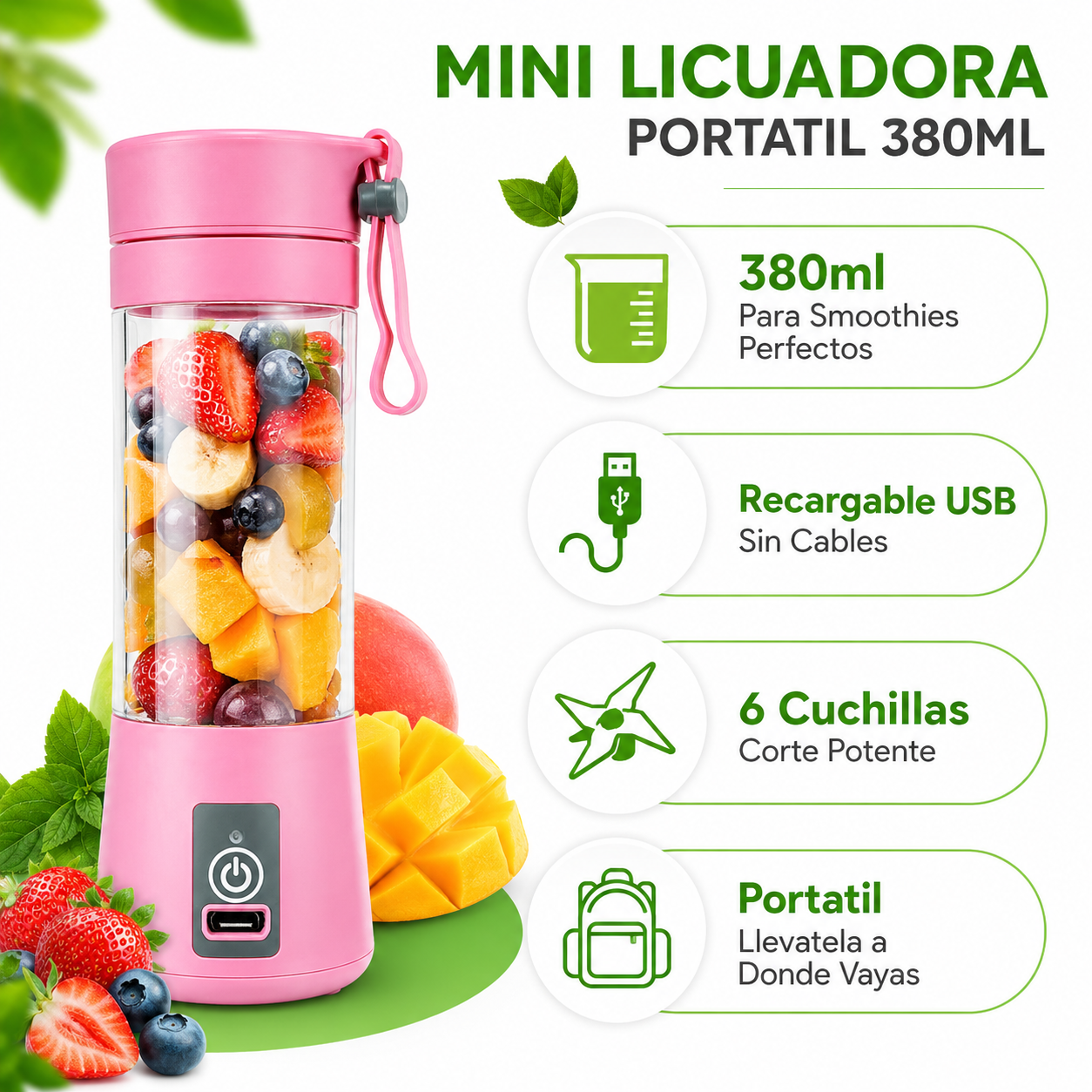 Mini Licuadora Portatil - Infografico 380ml USB 6 Cuchillas Ecuador