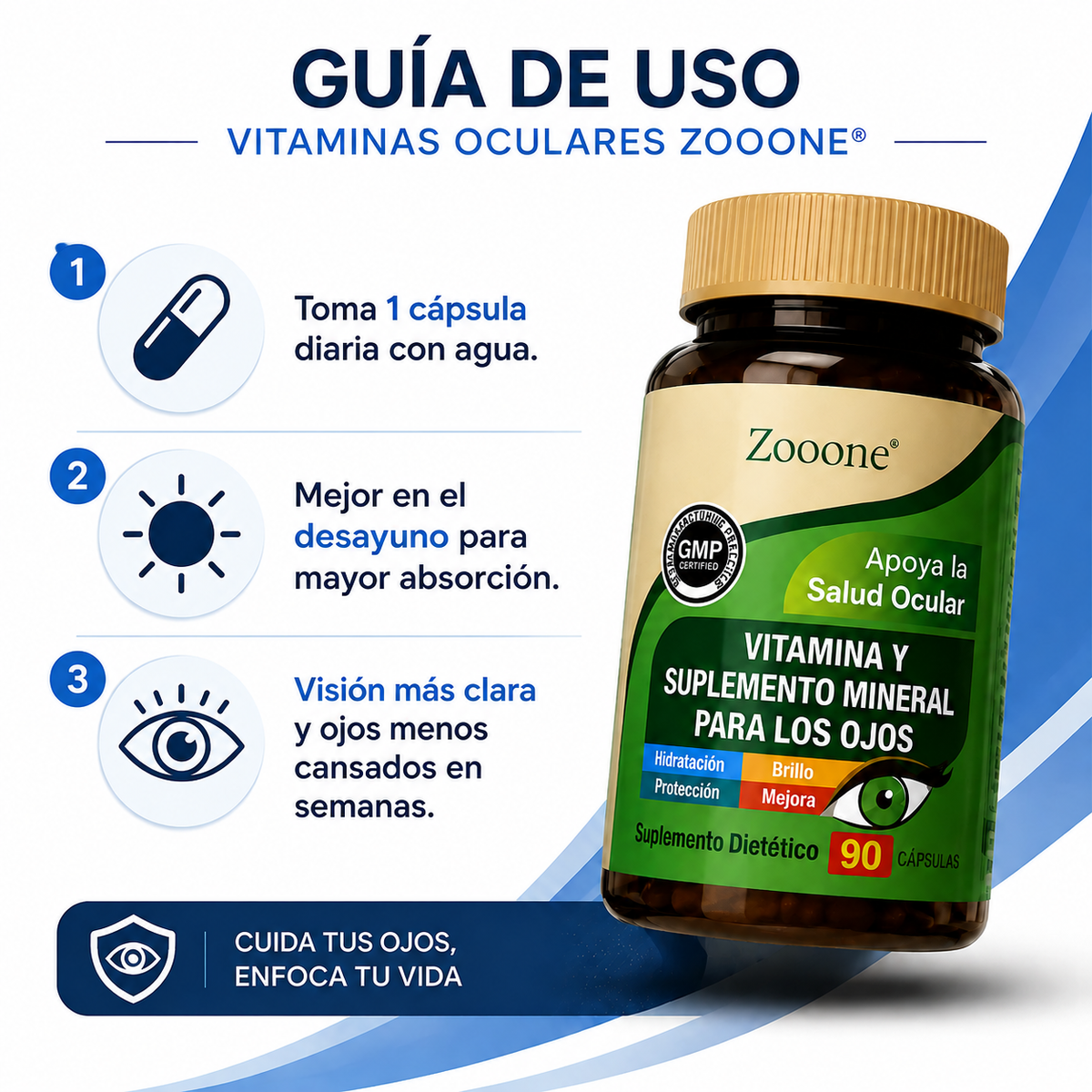Zooone Vitaminas Oculares 90 Cápsulas - Guía de Uso 3 Pasos Ecuador