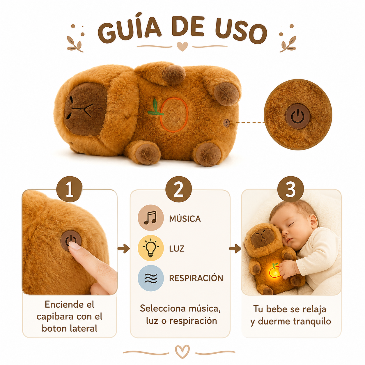 Peluche Capibara Relajante - Guia de Uso 3 Pasos Ecuador