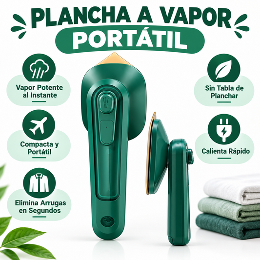 Plancha a Vapor Portátil - Infográfico con título verde vapor rápido