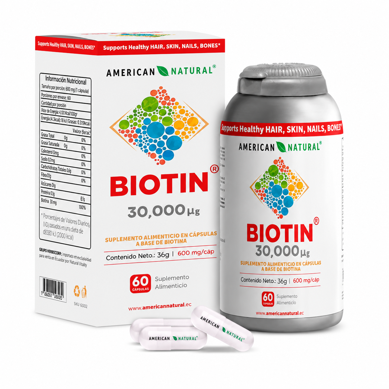 Biotin 60 Capsulas Suplemento Cabello - Producto Fondo Blanco Ecuador