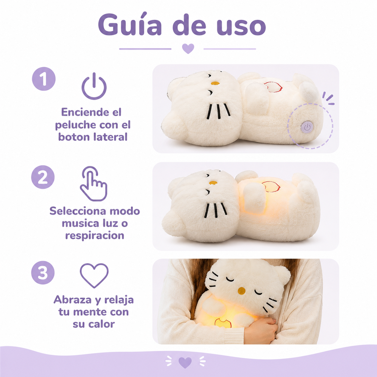 Peluche Gato Relajante - Guia de Uso 3 Pasos Ecuador