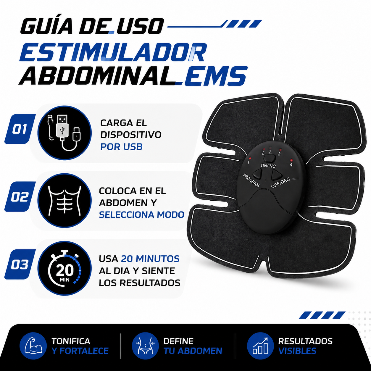 Estimulador Abdominal EMS - Guia de Uso 3 Pasos Ecuador
