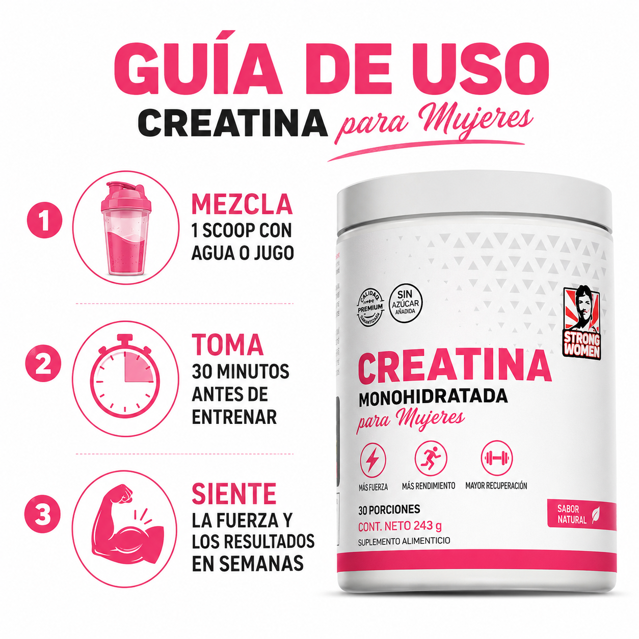 Creatina para Mujeres 243g - Guia de Uso Scoop Pre Entreno Ecuador