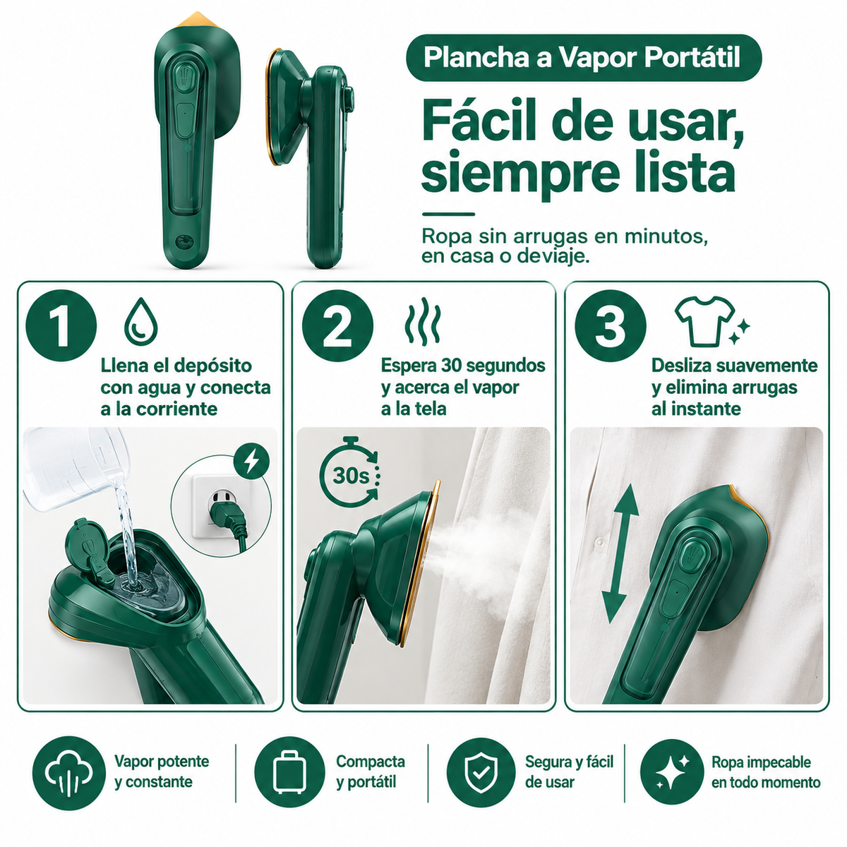 Plancha a Vapor Portátil - Guía de uso 3 pasos