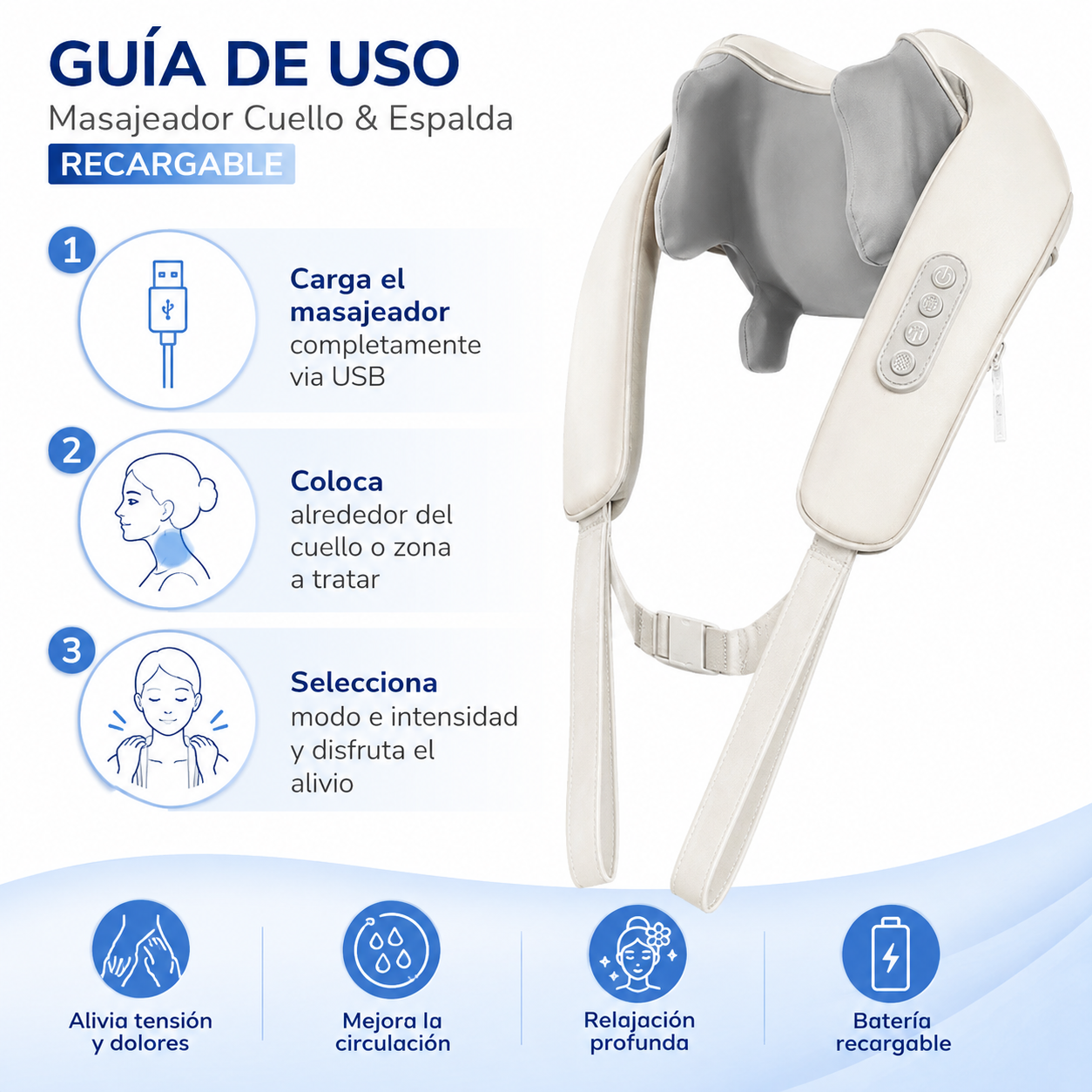 Masajeador Cuello Espalda Recargable - Guia de Uso 3 Pasos Ecuador
