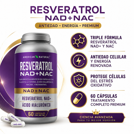 Resveratrol NAD+ NAC 60 Capsulas - Infografico Triple Formula Antiedad Premium Ecuador