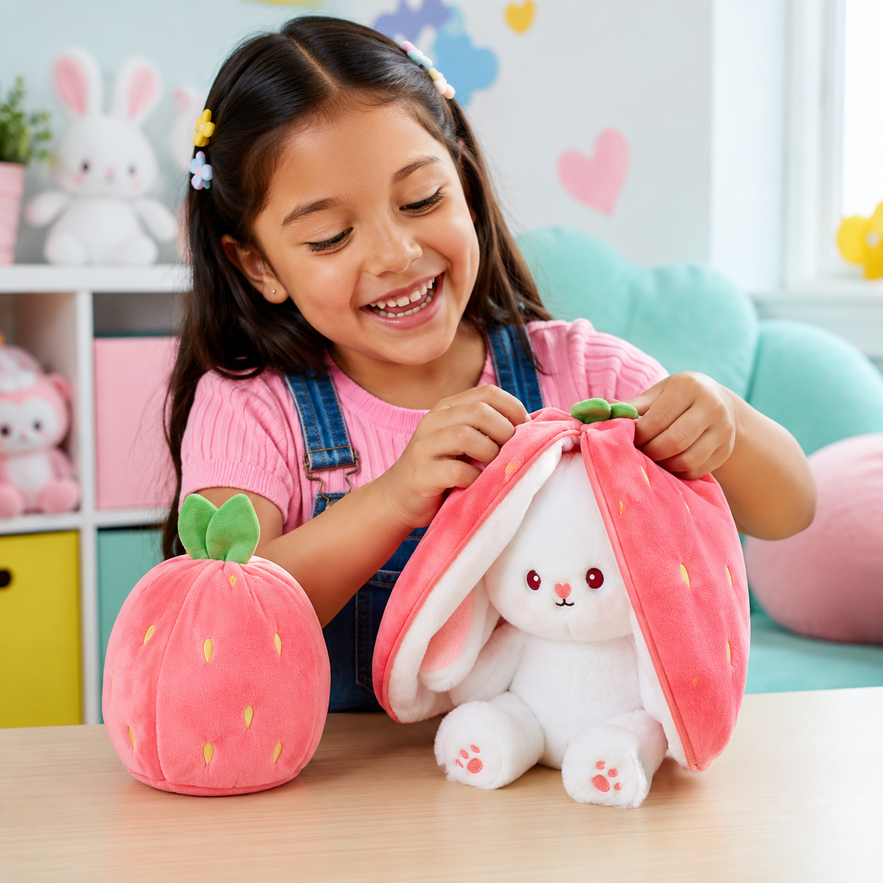 Peluche Conejo Fresa Reversible 25cm - Lifestyle Nino Jugando Ecuador