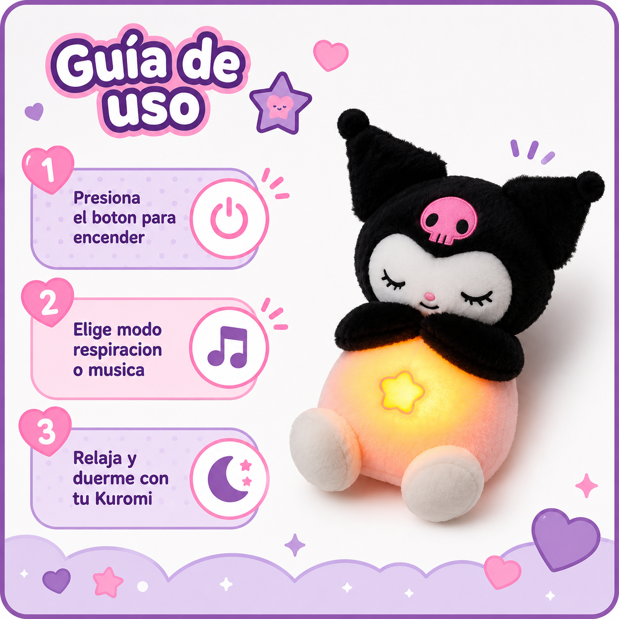 Peluche Kuromi Relajante 30cm - Guia de Uso 3 Pasos Ecuador
