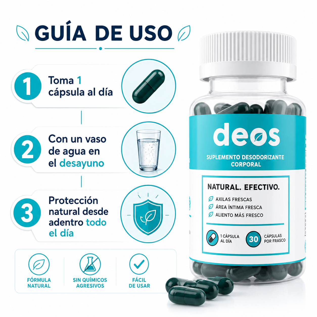 Desodorante Interno DEOS 30 Capsulas - Guia de Uso 1 Capsula Diaria Ecuador
