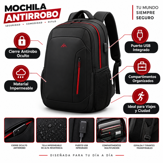 Mochila Antirobo Impermeable con USB - Infográfico negro rojo beneficios