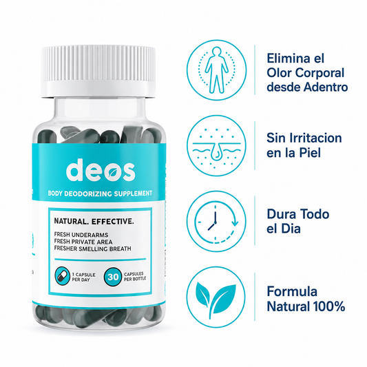 Desodorante Interno DEOS 30 Capsulas - Infografico Beneficios Olor Corporal Ecuador