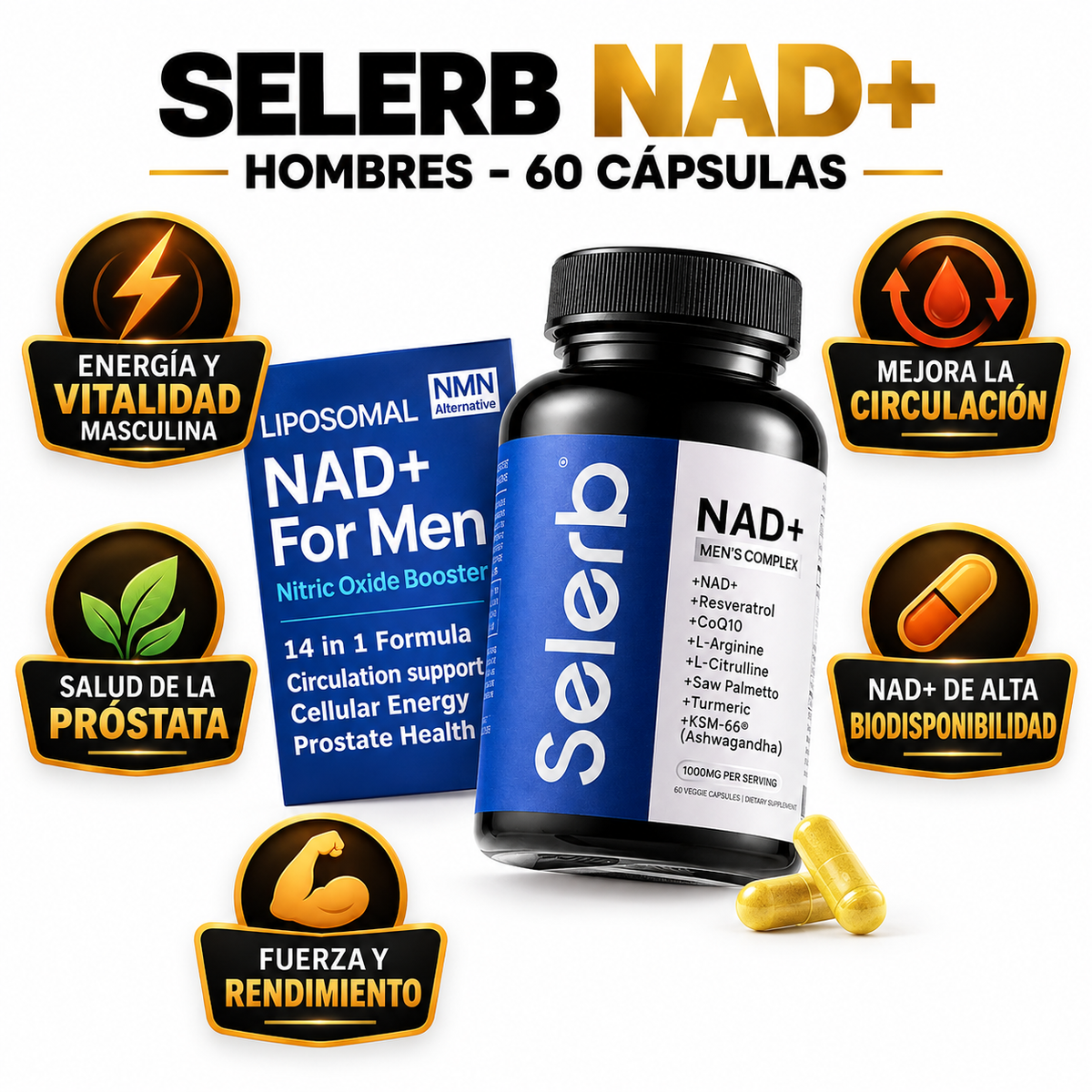 Selerb NAD+ Hombres 60 Cáps - Infográfico negro dorado energía circulación próstata