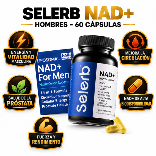 Selerb NAD+ Hombres 60 Cáps - Infográfico negro dorado energía circulación próstata