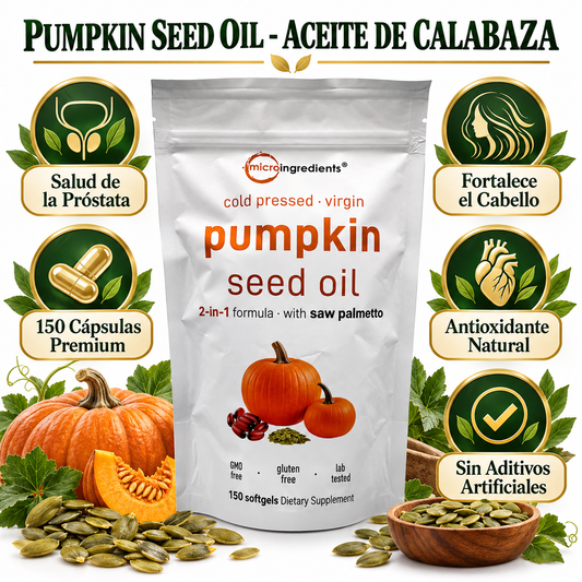 Pumpkin Seed Oil Calabaza 150 Cápsulas - Infográfico verde dorado próstata cabello