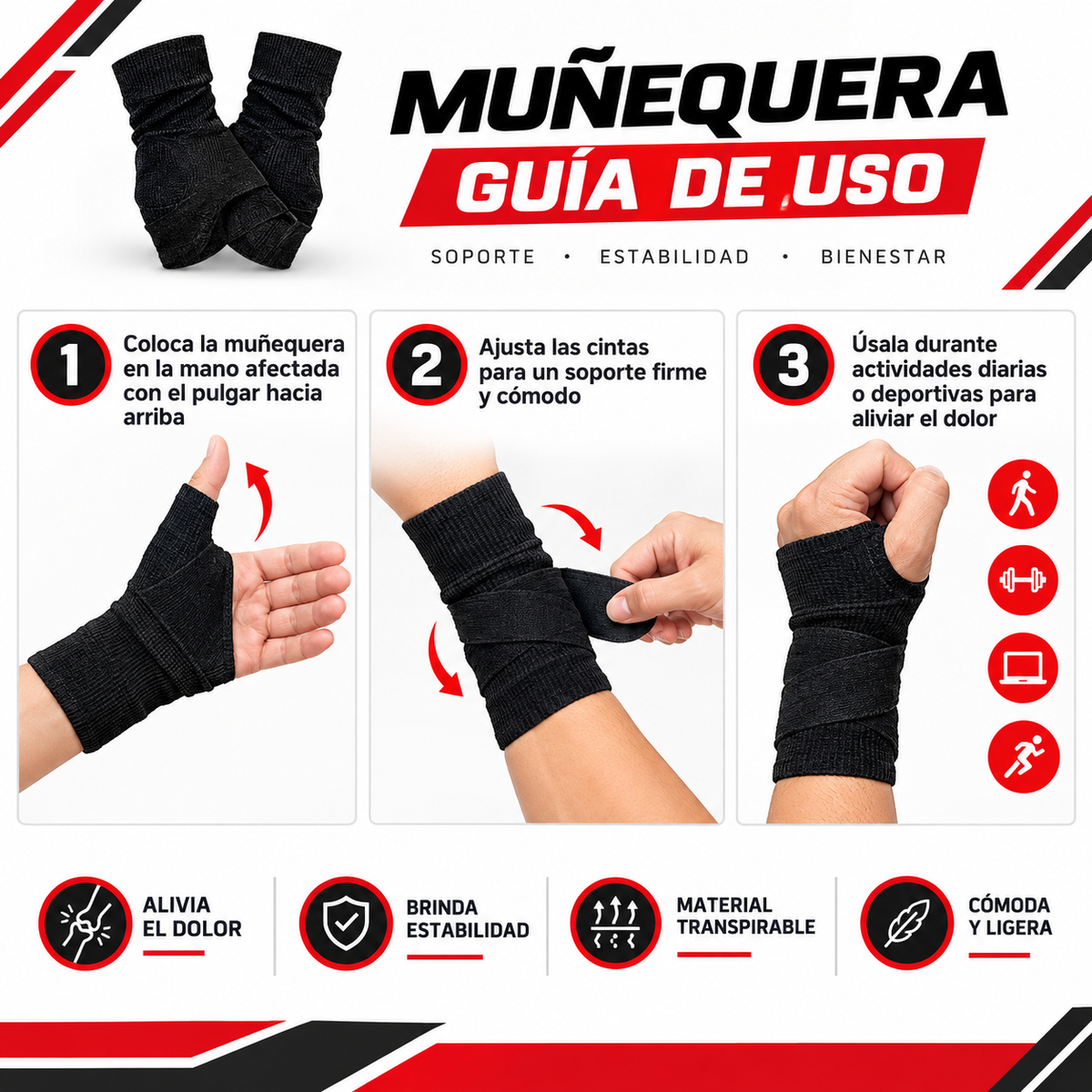 Muñequipera Negra 2660 - Guía de uso negro rojo 3 pasos