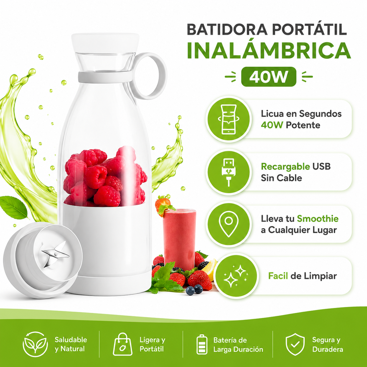 Botella Licuadora Inalambrica 40W - Infografico Beneficios USB Portatil Ecuador