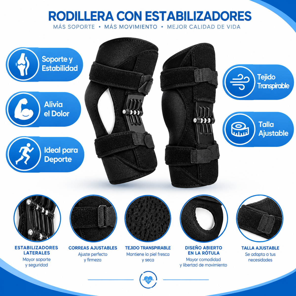 Rodillera con Soporte - Infográfico soporte estabilidad rodilla