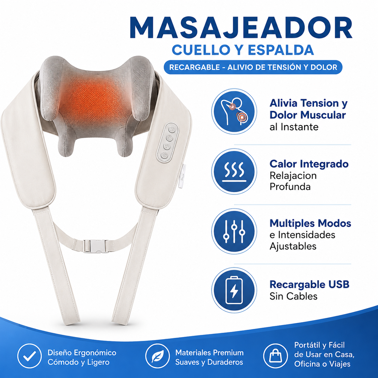 Masajeador Cuello Espalda Recargable - Infografico Alivio Tension Dolor Ecuador