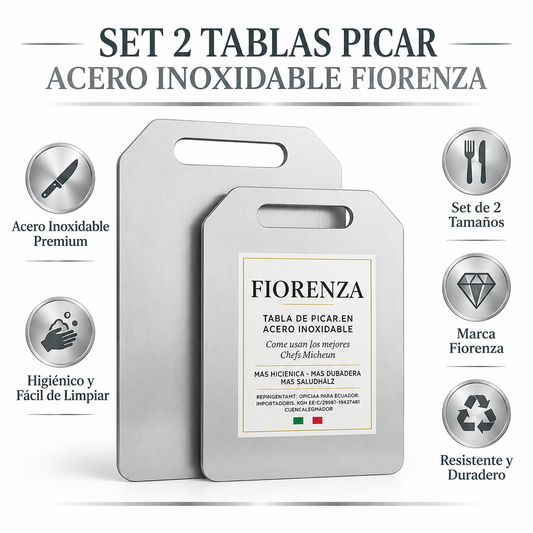 Set 2 Tablas Picar Acero Inoxidable Fiorenza - Infográfico plateado gris premium cocina