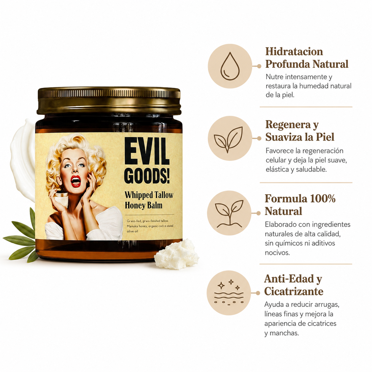 Sebo de Res Evil Goods 100g - Infografico Natural Hidratacion Ecuador