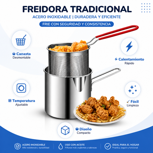 Freidora con Canasta Portátil - Infográfico de beneficios olla freidora con canasta