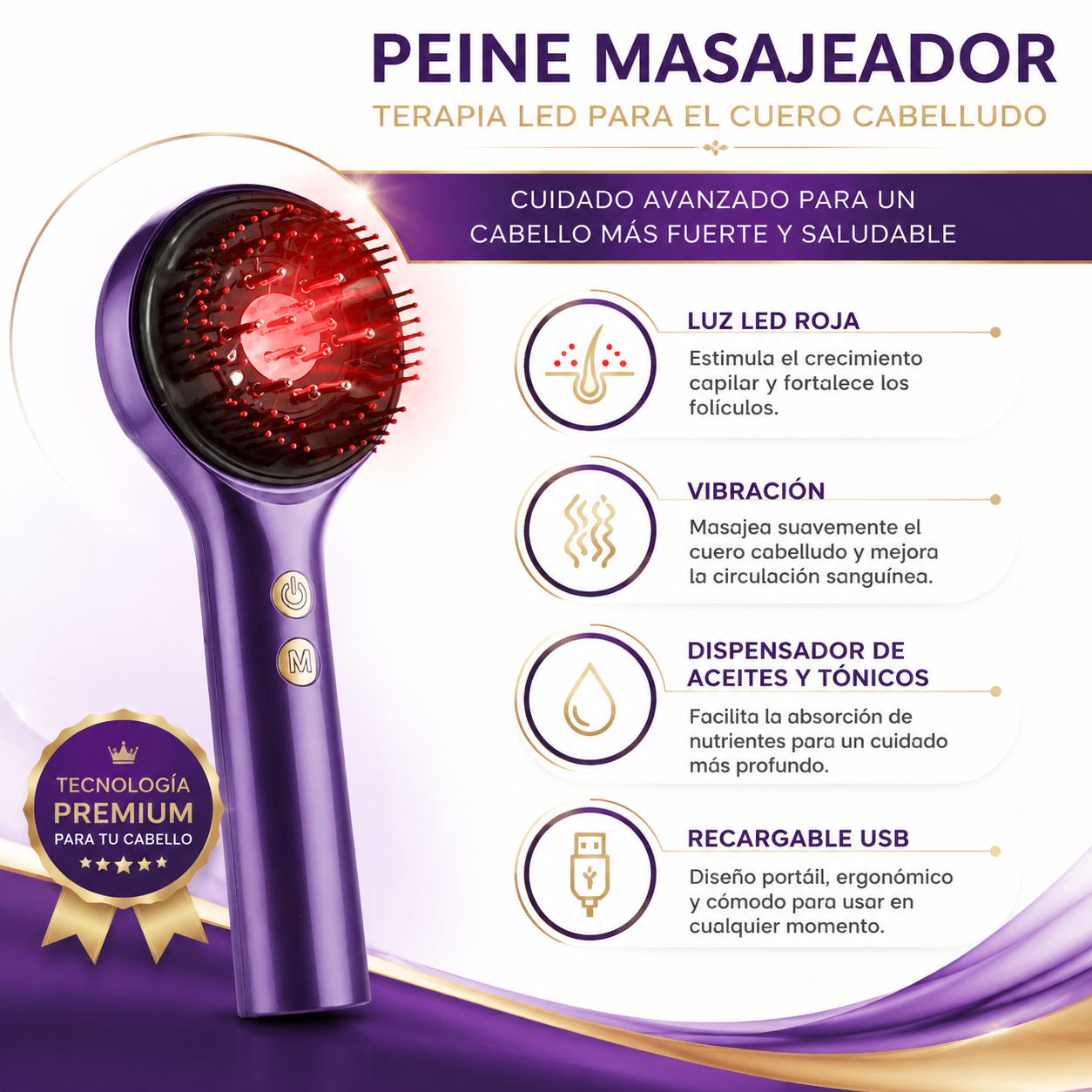 Peine Masajeador Cuero Cabelludo LED - Infografico Crecimiento Capilar Ecuador