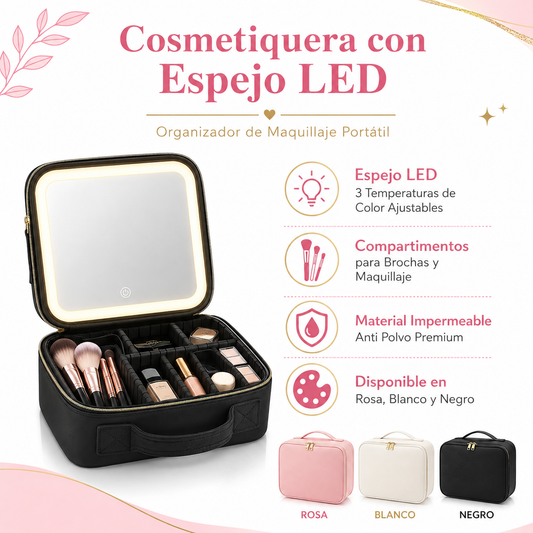 Cosmetiquera con Espejo LED - Infografico Organizador Maquillaje Portatil Ecuador