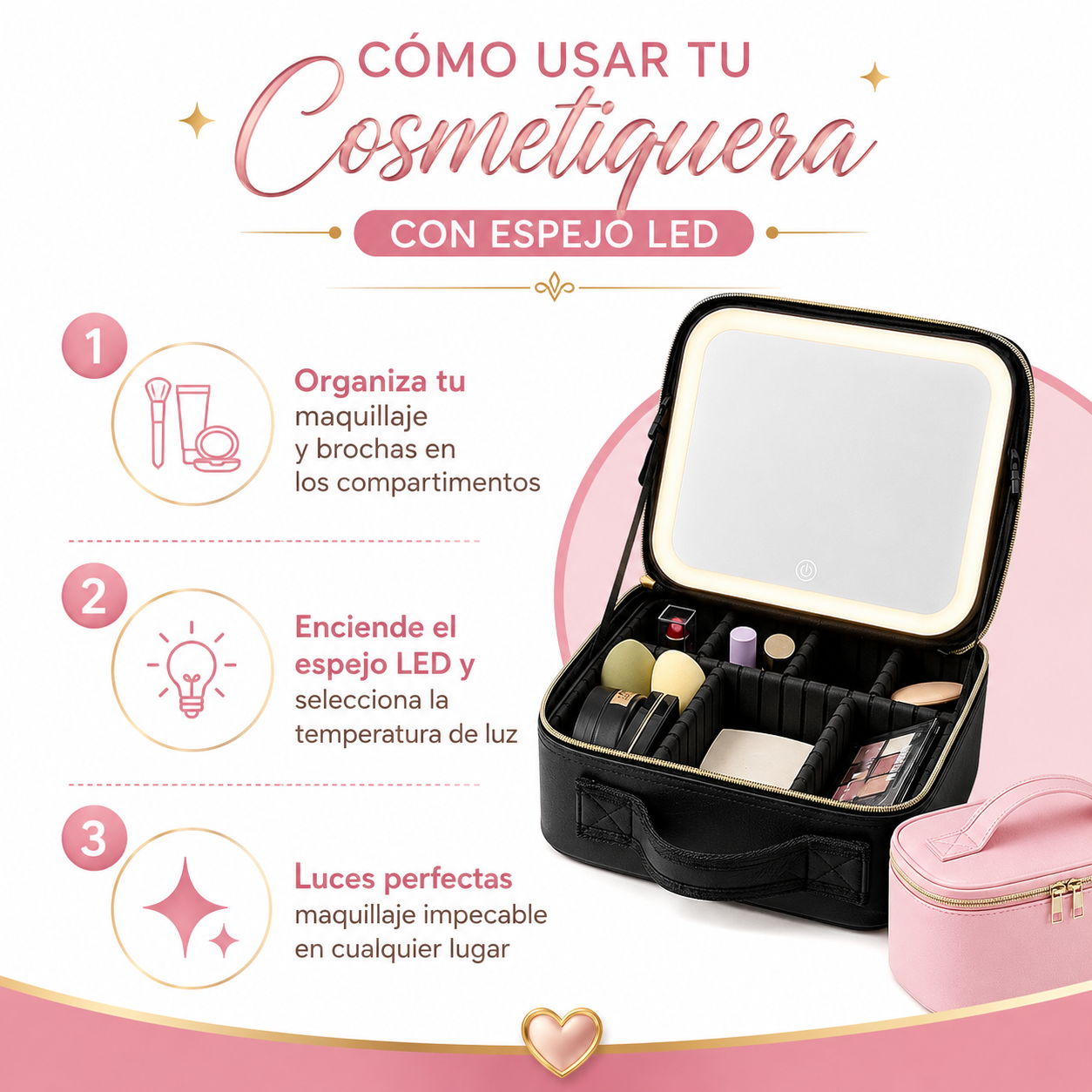 Cosmetiquera con Espejo LED - Guia de Uso 3 Pasos Ecuador