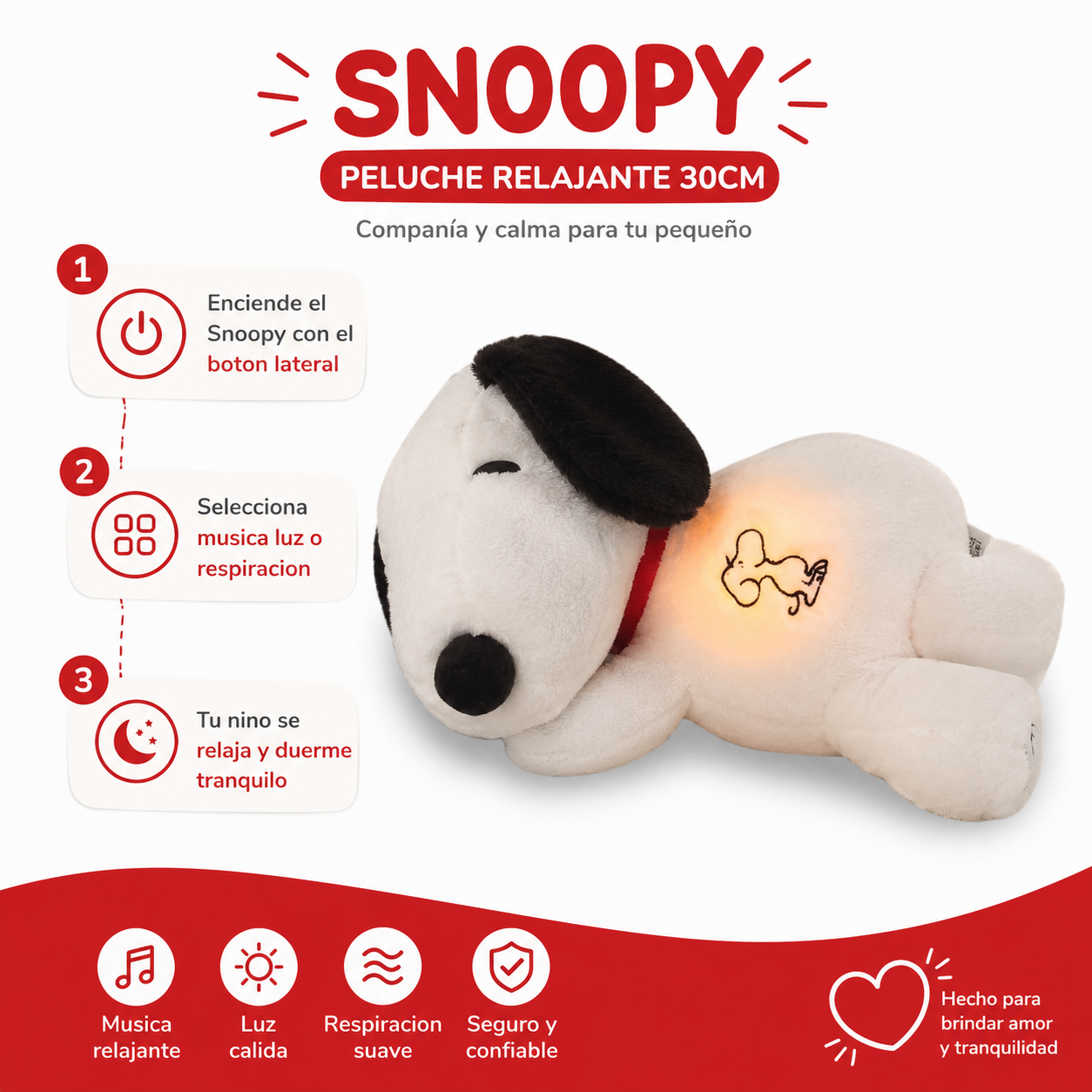 Peluche Snoopy Relajante - Guia de Uso 3 Pasos Ecuador