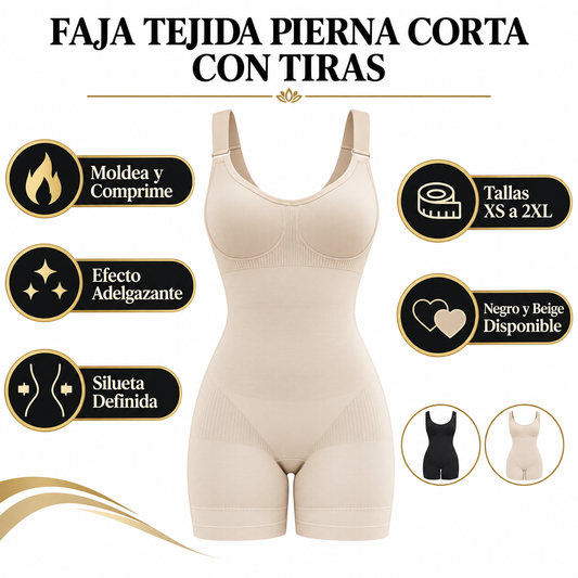 Faja Tejida Pierna Corta con Tiras 2672 - Infográfico negro beige dorado moldea comprime