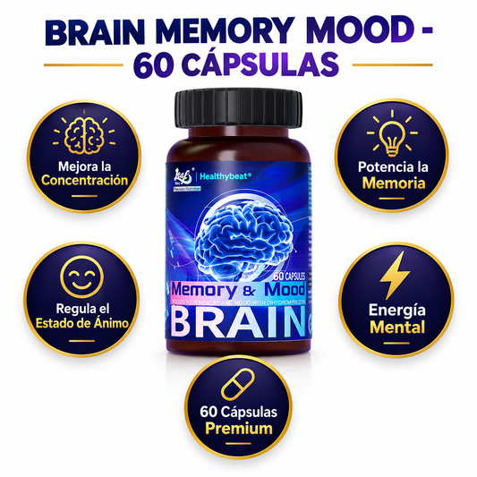 Brain Memory Mood 60 Cápsulas - Infográfico marino morado dorado memoria concentración