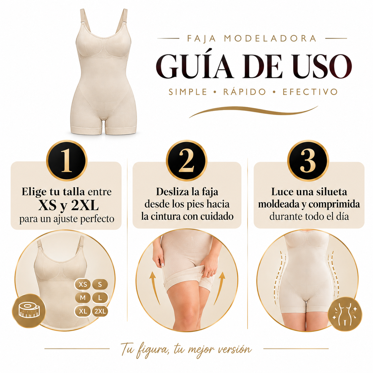 Faja Tejida Pierna Corta con Tiras 2672 - Guía de uso negro beige dorado 3 pasos