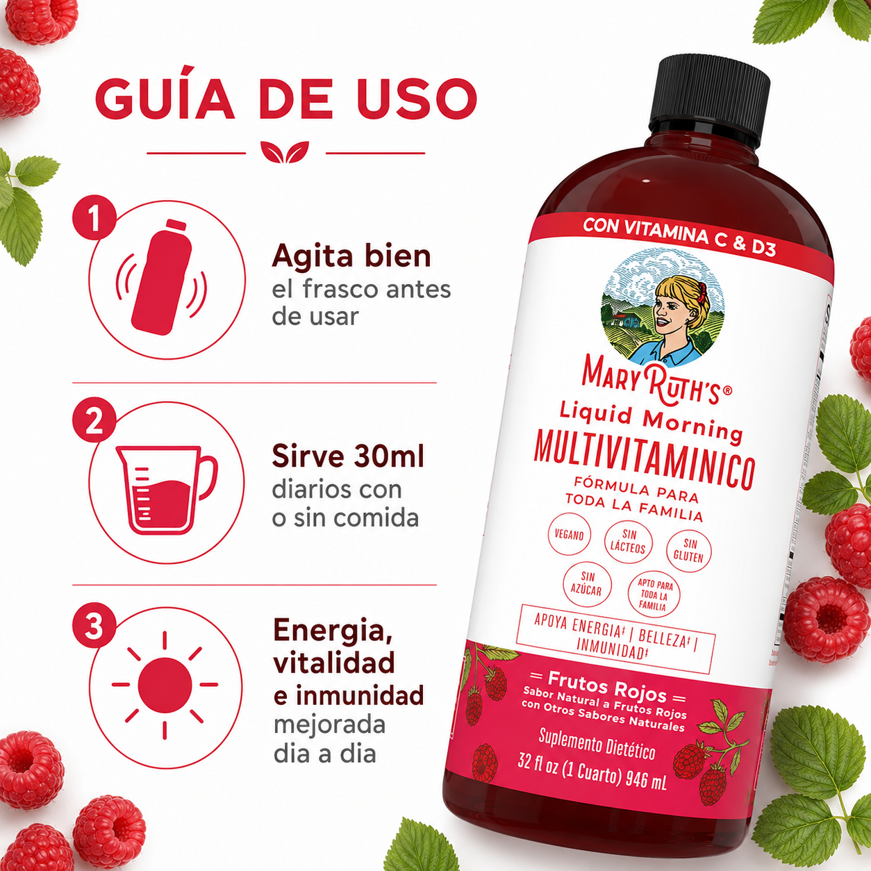 Multivitaminico Mary Ruth's Berry 946ml - Guia de Uso 3 Pasos Ecuador