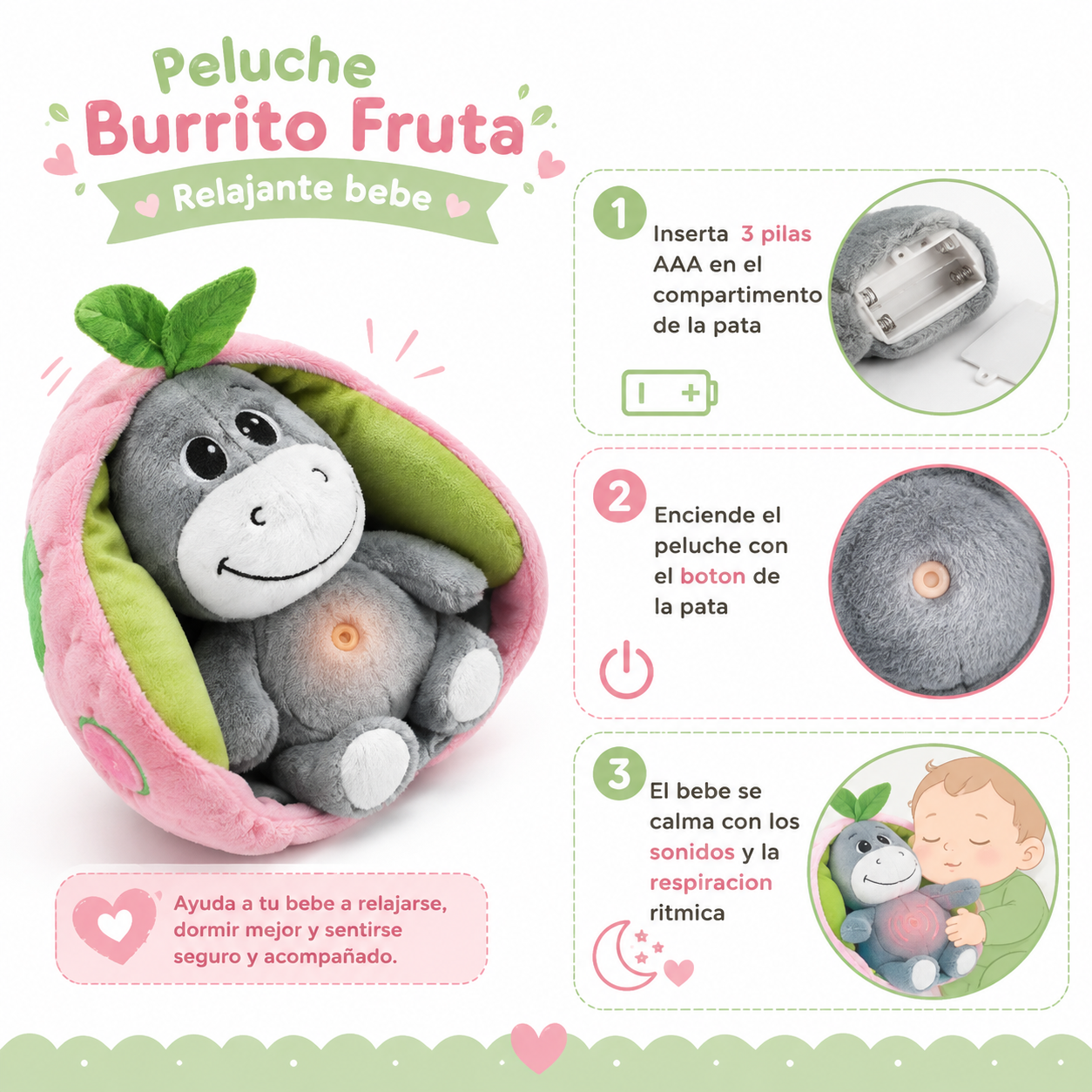 Peluche Burrito Fruta Relajante - Guia de Uso 3 Pasos Ecuador