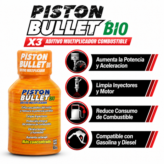 Piston Bullet BIO - Infografico Potencia Limpia Motor Gasolina Ecuador