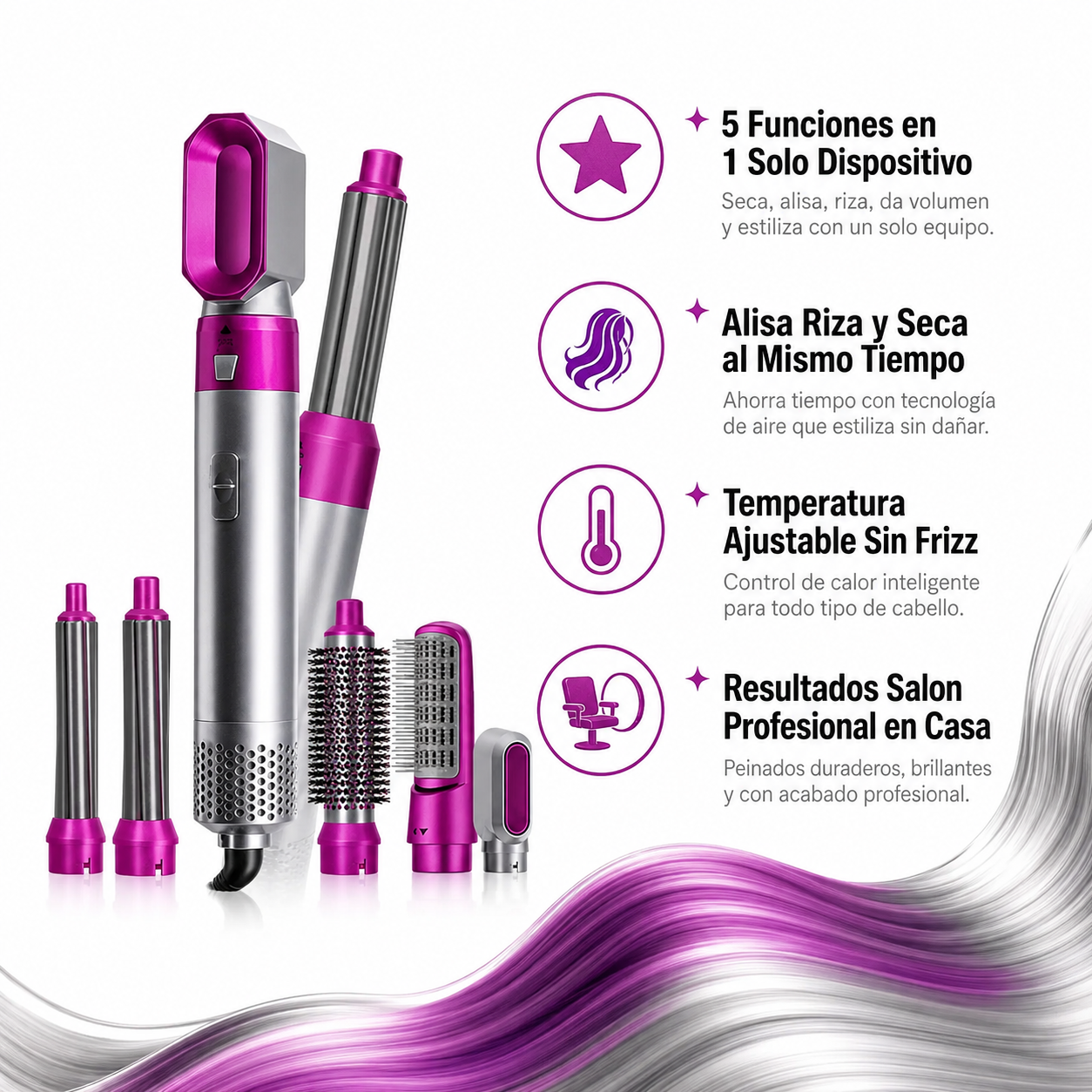 Cepillo Alisador 5 en 1 - Infografico 5 Funciones Salon Ecuador