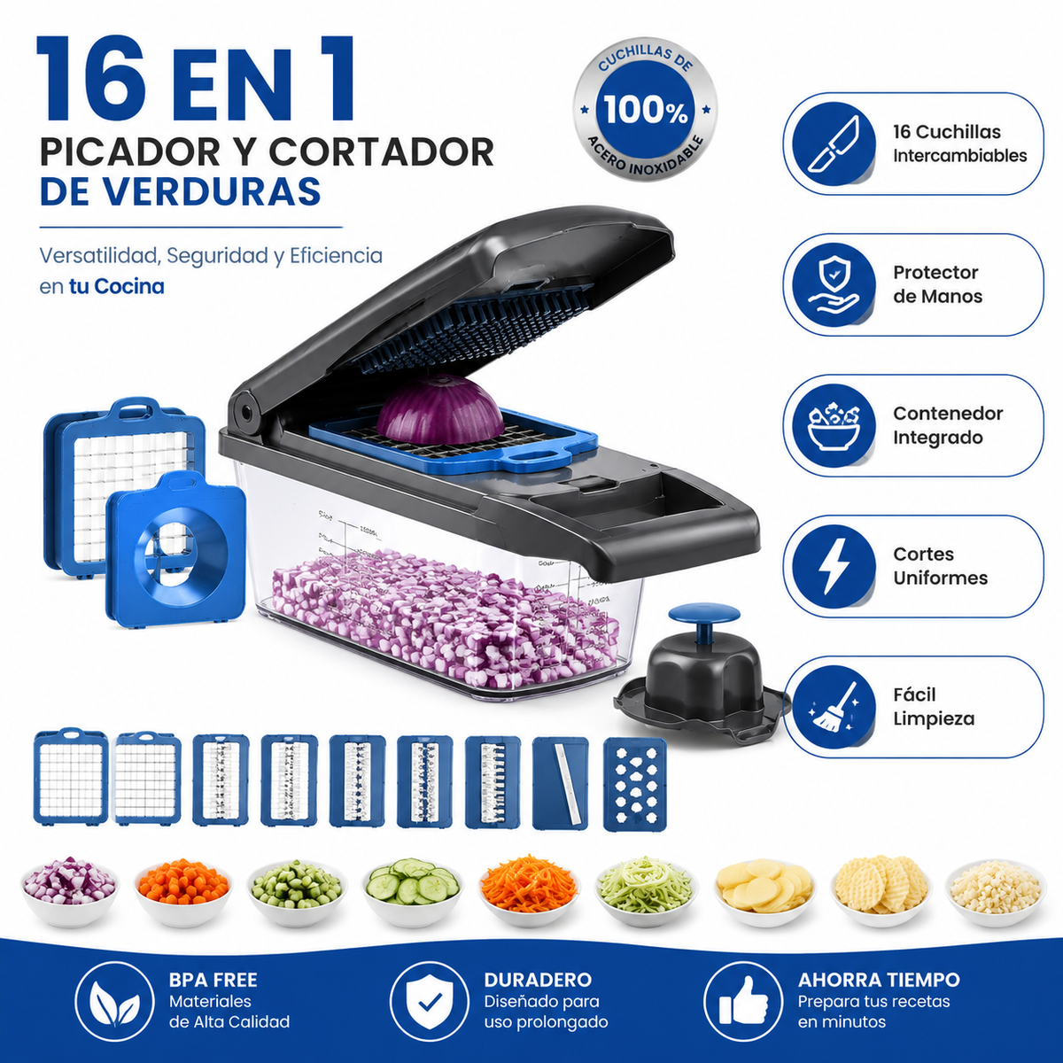 Picadora Verduras 16 En 1 - Infográfico cuchillas intercambiables cocina