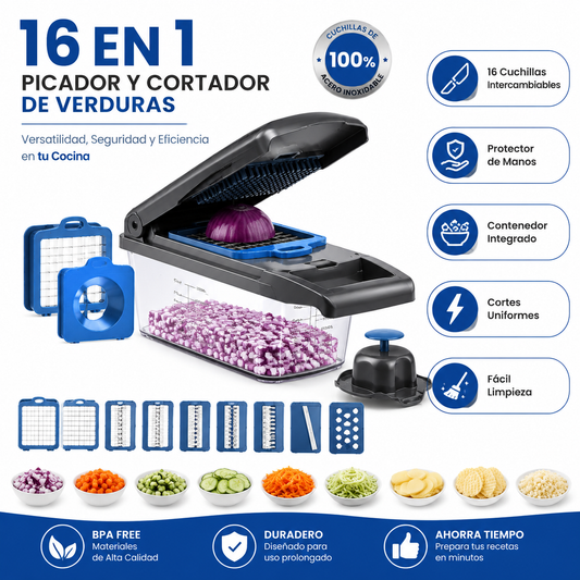 Picadora Verduras 16 En 1 - Infográfico cuchillas intercambiables cocina